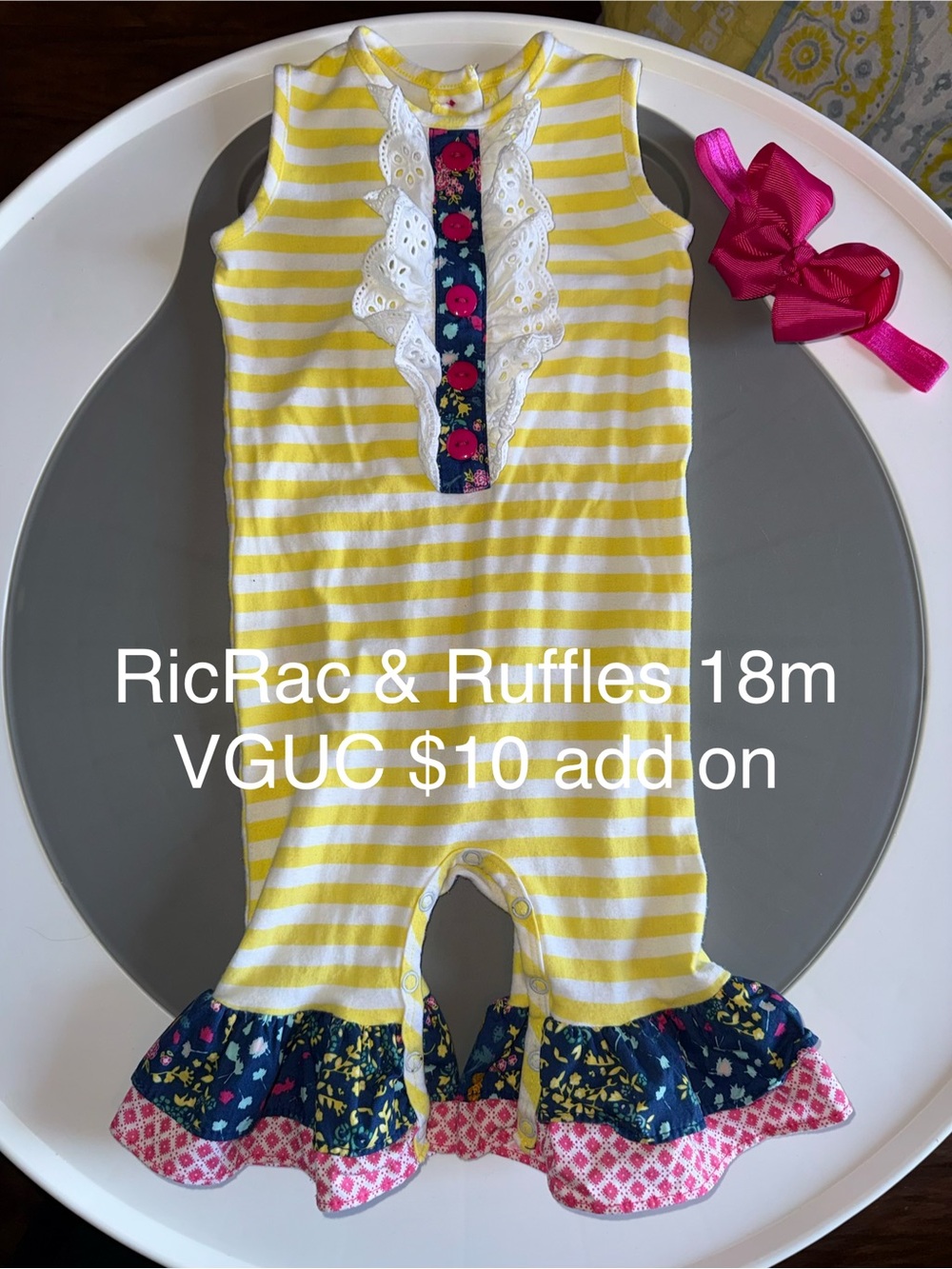 Yellow Stripe Sleeveless Romper with Floral Ruffle Trim - Kids